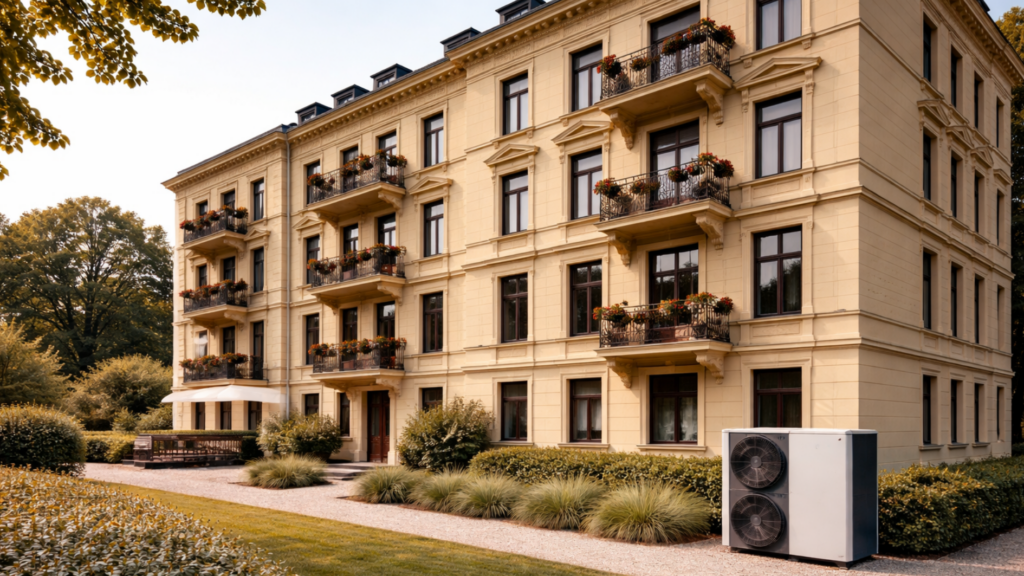 Wärmepumpe an einem kleinen Mehrfamilienhaus im Bestand