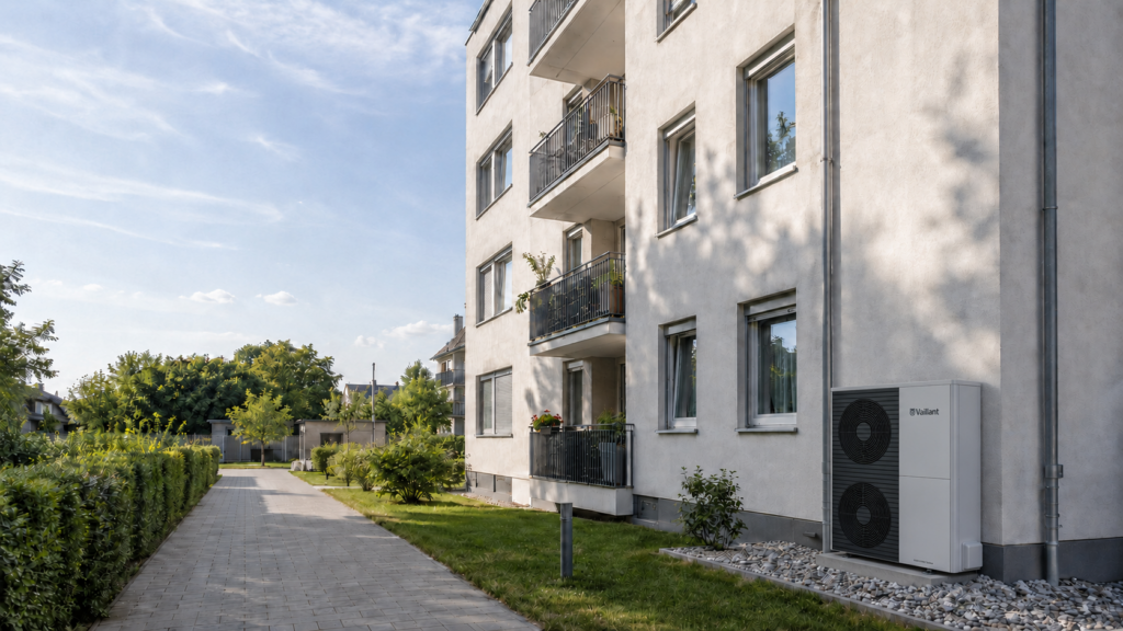 Wärmepumpe vor einem Mehrfamilienhaus mit Mietwohnungen