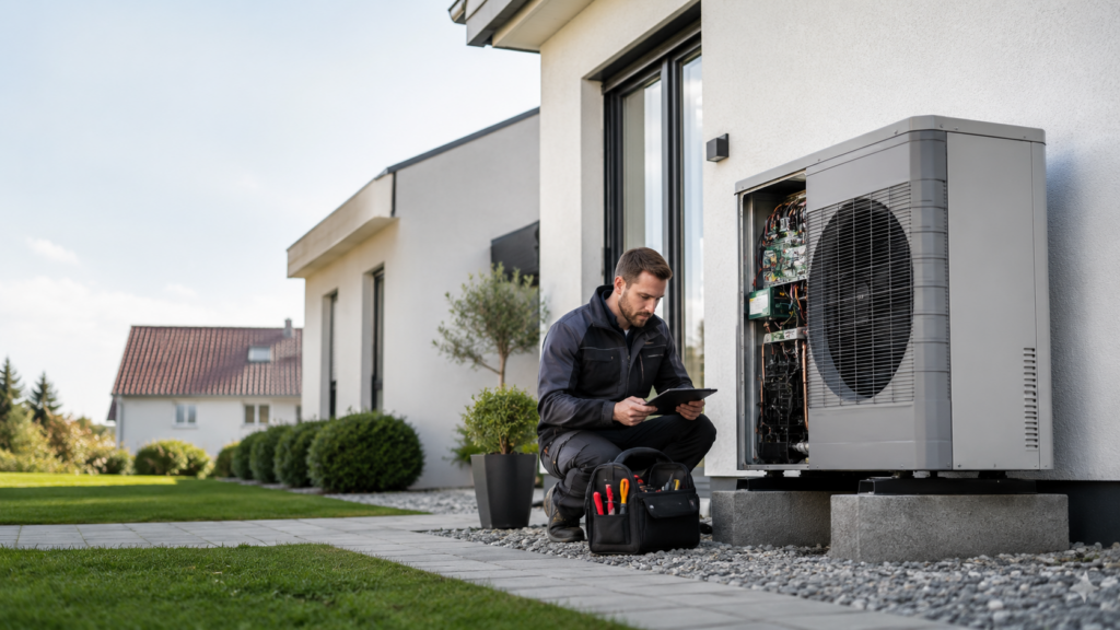 Techniker bei Wartung der Wärmepumpe